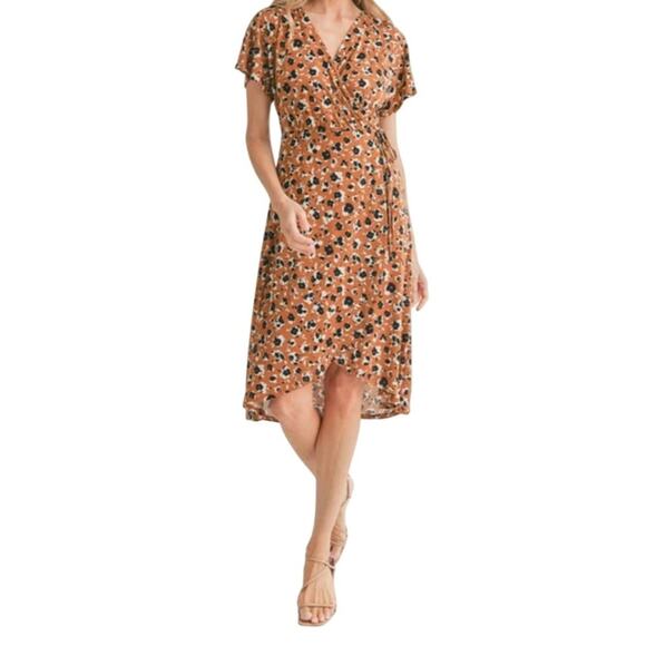Lush Floral Print Brown Short Sleeve Knee Length Wrap Dress Size Small NWT - Picture 2 of 8